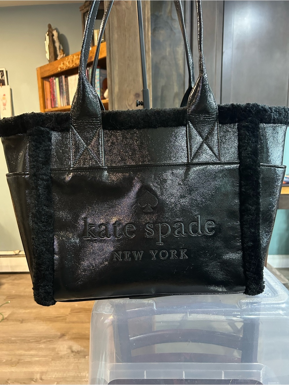 kate spade Black Shearling-Trim Embossed Logo Tote